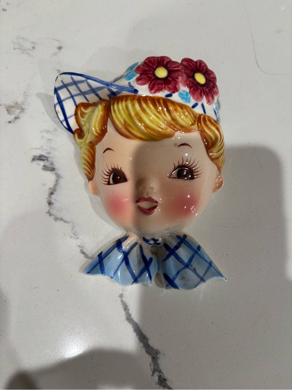 Ceramic Girl Wall Pocket in Blue Plaid with Red Floral Hat